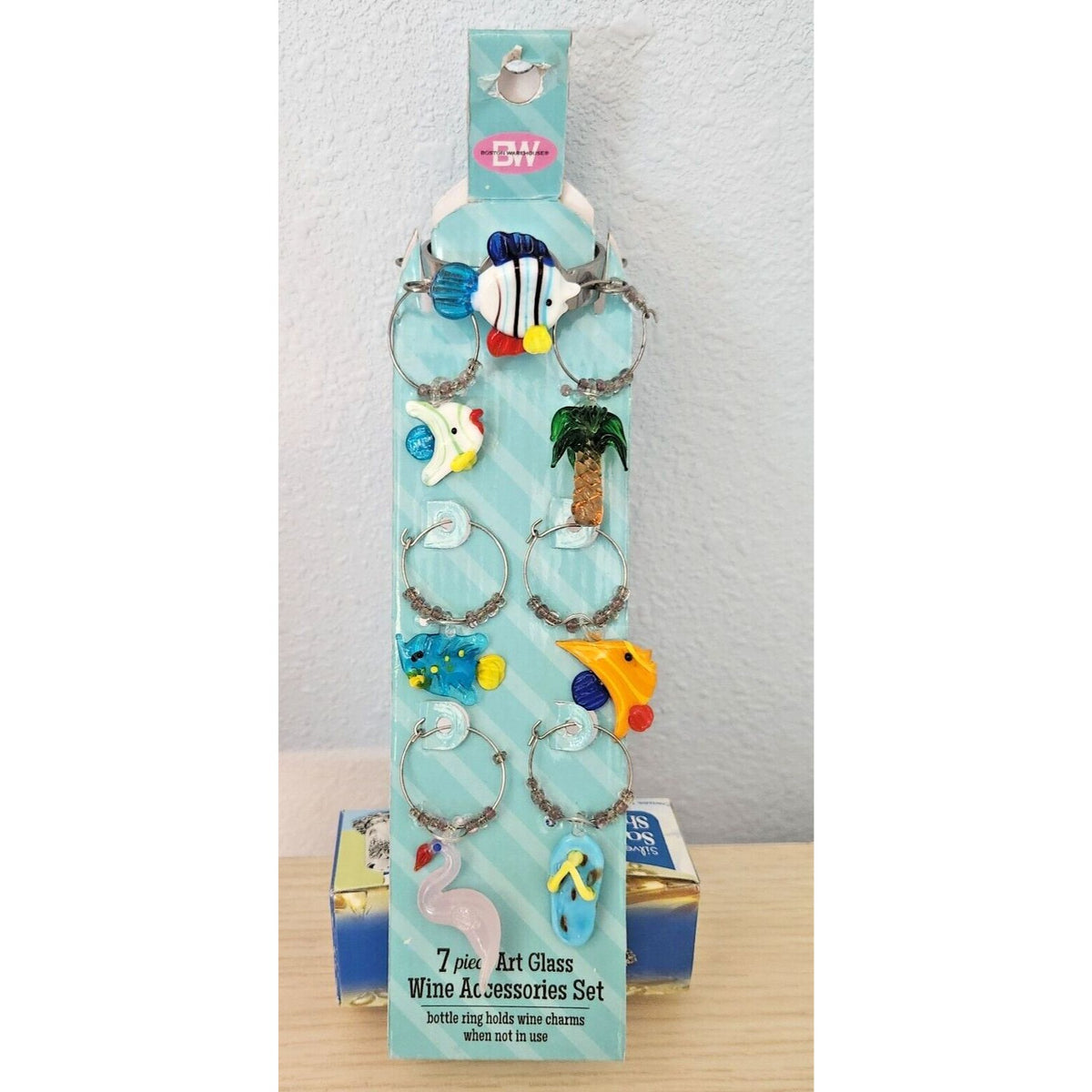 Wine Charms Boston Warehouse 7 Piece Art Glass 1 Wine Ring and 6 Beaded Wine Charms Beach