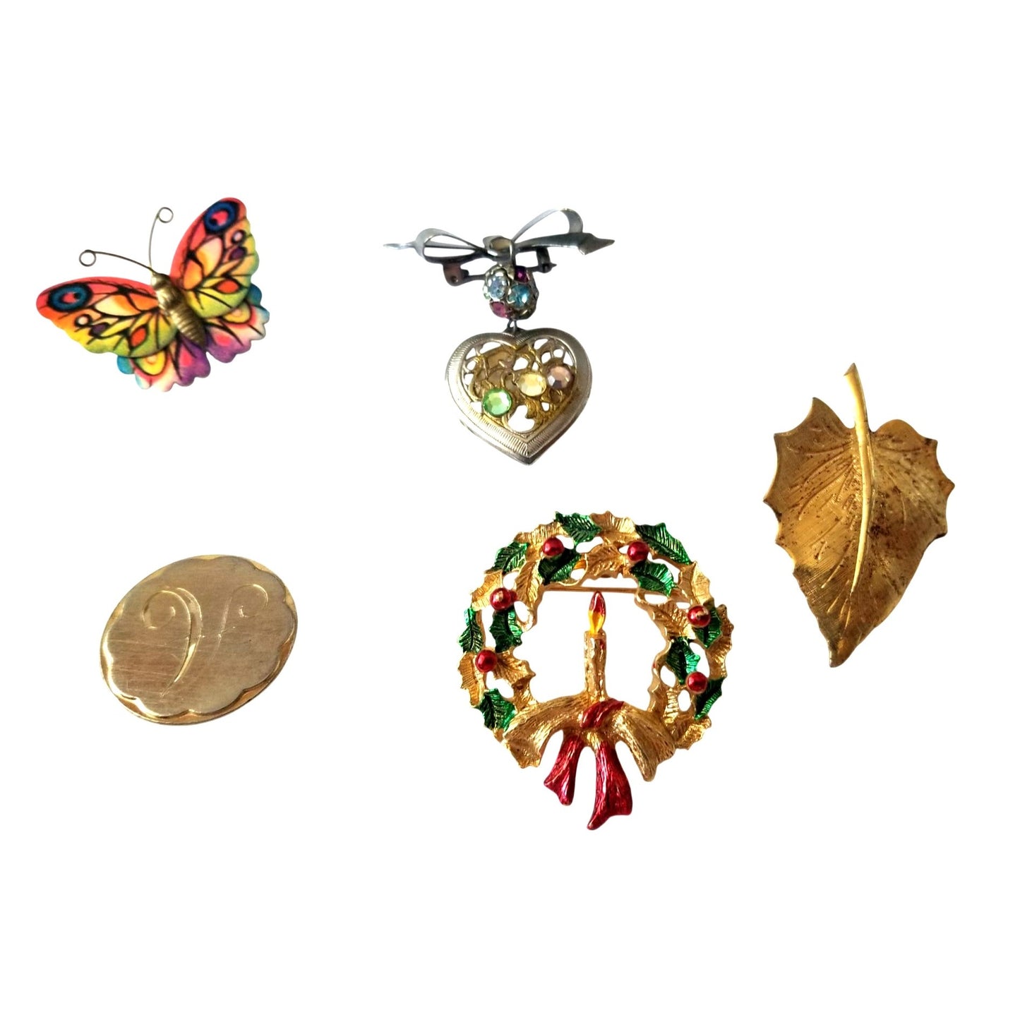 Vintage Costume Jewelry Brooches Lot Of 5 - Butterfly Heart Leaf Wreath Goldtone Round Pin