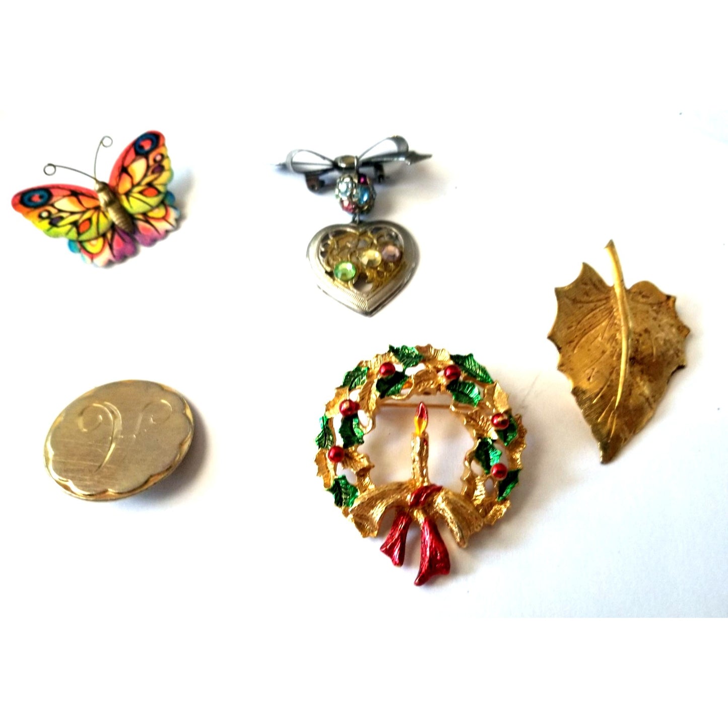 Vintage Costume Jewelry Brooches Lot Of 5 - Butterfly Heart Leaf Wreath Goldtone Round Pin