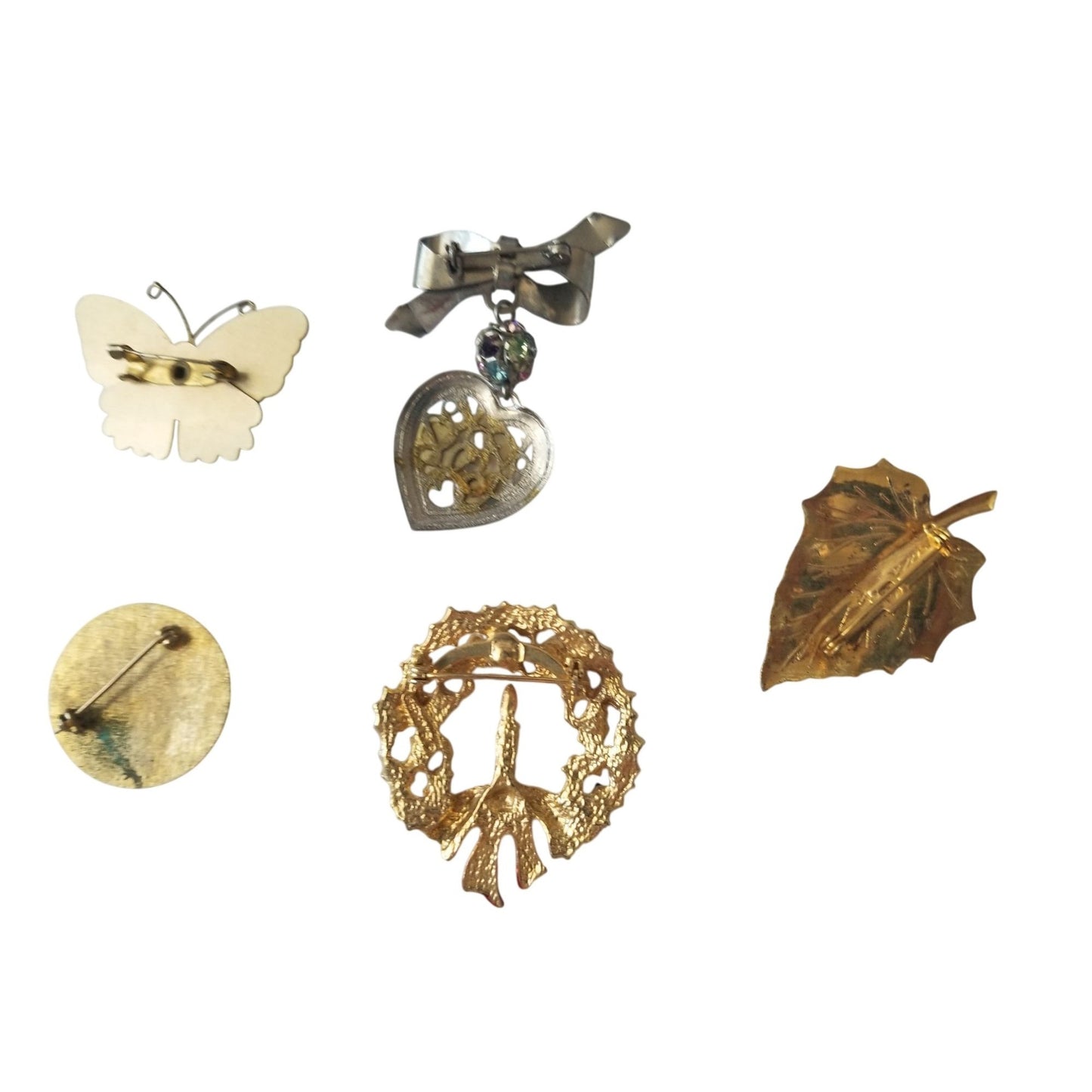 Vintage Costume Jewelry Brooches Lot Of 5 - Butterfly Heart Leaf Wreath Goldtone Round Pin