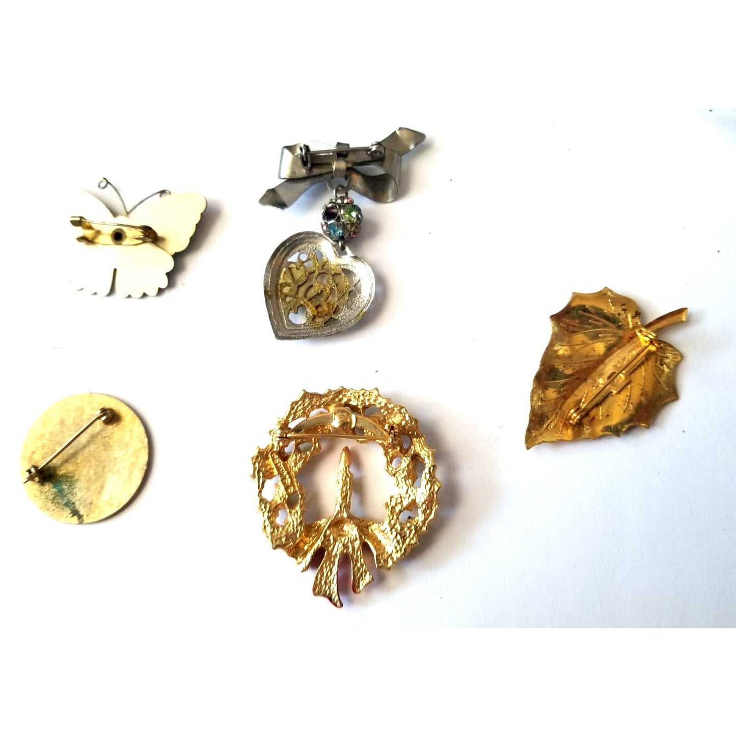 Vintage Costume Jewelry Brooches Lot Of 5 - Butterfly Heart Leaf Wreath Goldtone Round Pin