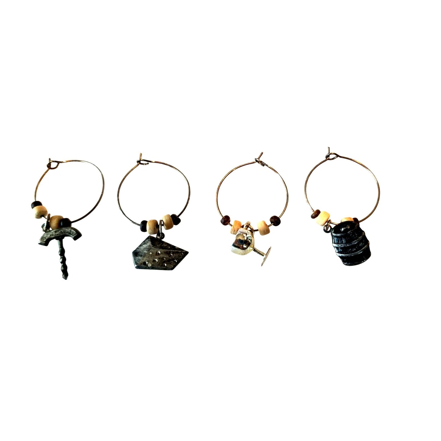 Wine Charms 1"  Charm Beads Silver Hoops Set of 4  Corkscrew Wine Glass Cheese Barrel