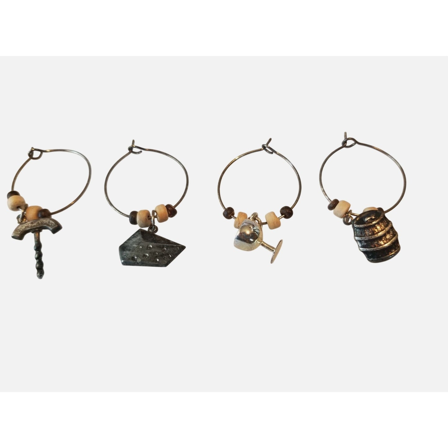Wine Charms 1"  Charm Beads Silver Hoops Set of 4  Corkscrew Wine Glass Cheese Barrel