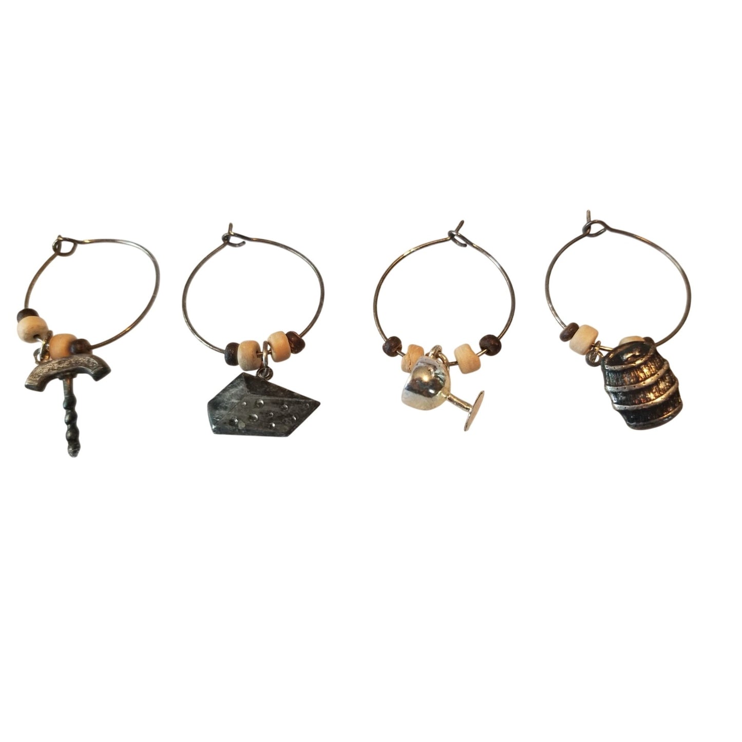 Wine Charms 1"  Charm Beads Silver Hoops Set of 4  Corkscrew Wine Glass Cheese Barrel