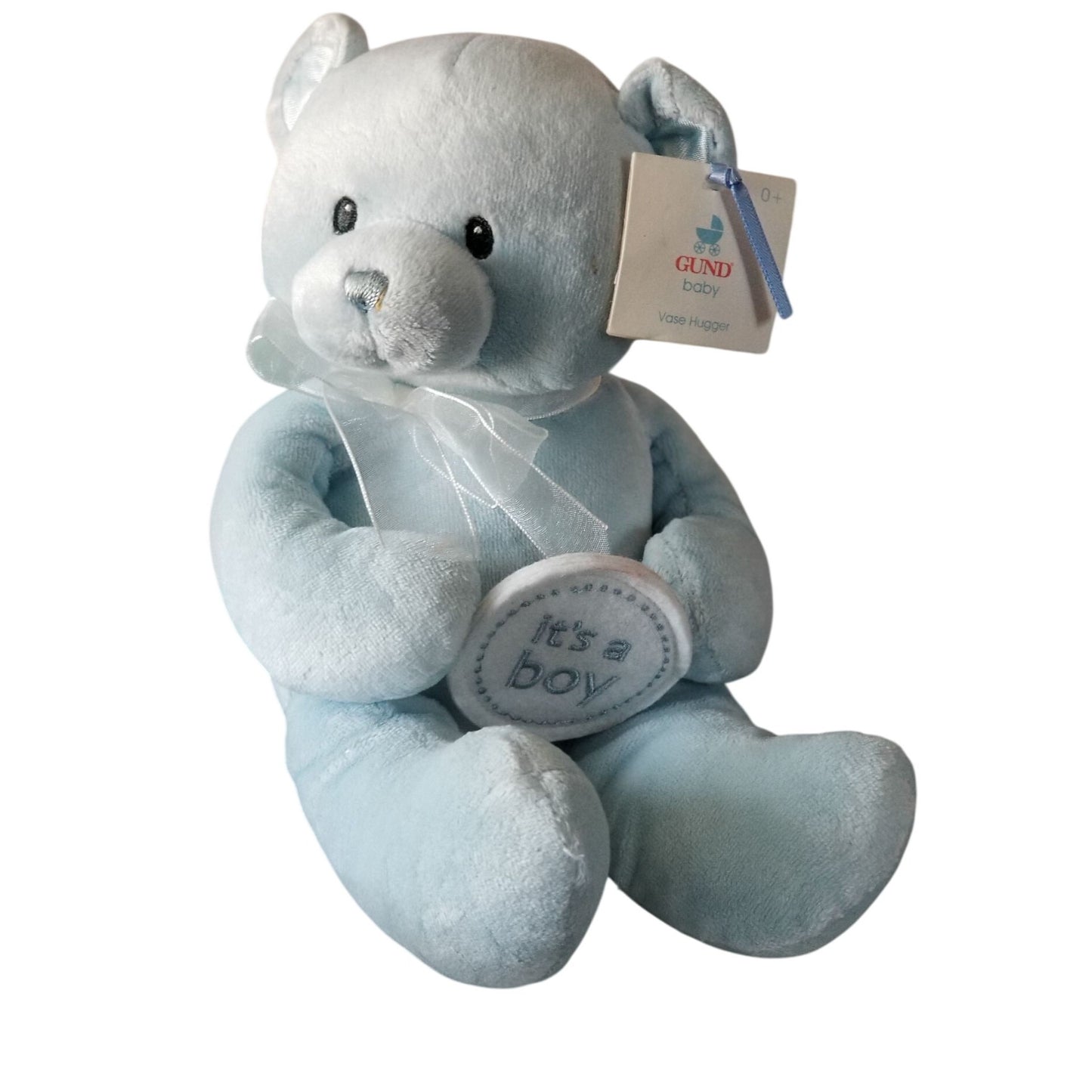Teddy Bear Gund Baby Blue It's A Boy Soft safe Embroidered Eyes Nose Blue Bow  8" Sitting