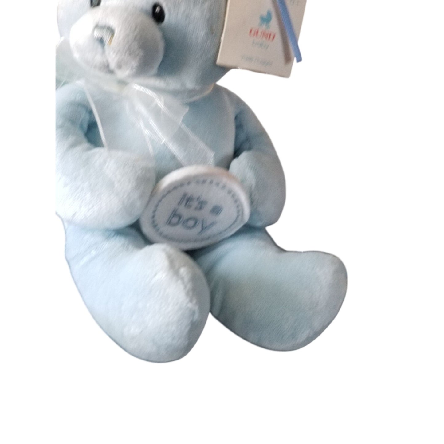 Teddy Bear Gund Baby Blue It's A Boy Soft safe Embroidered Eyes Nose Blue Bow  8" Sitting