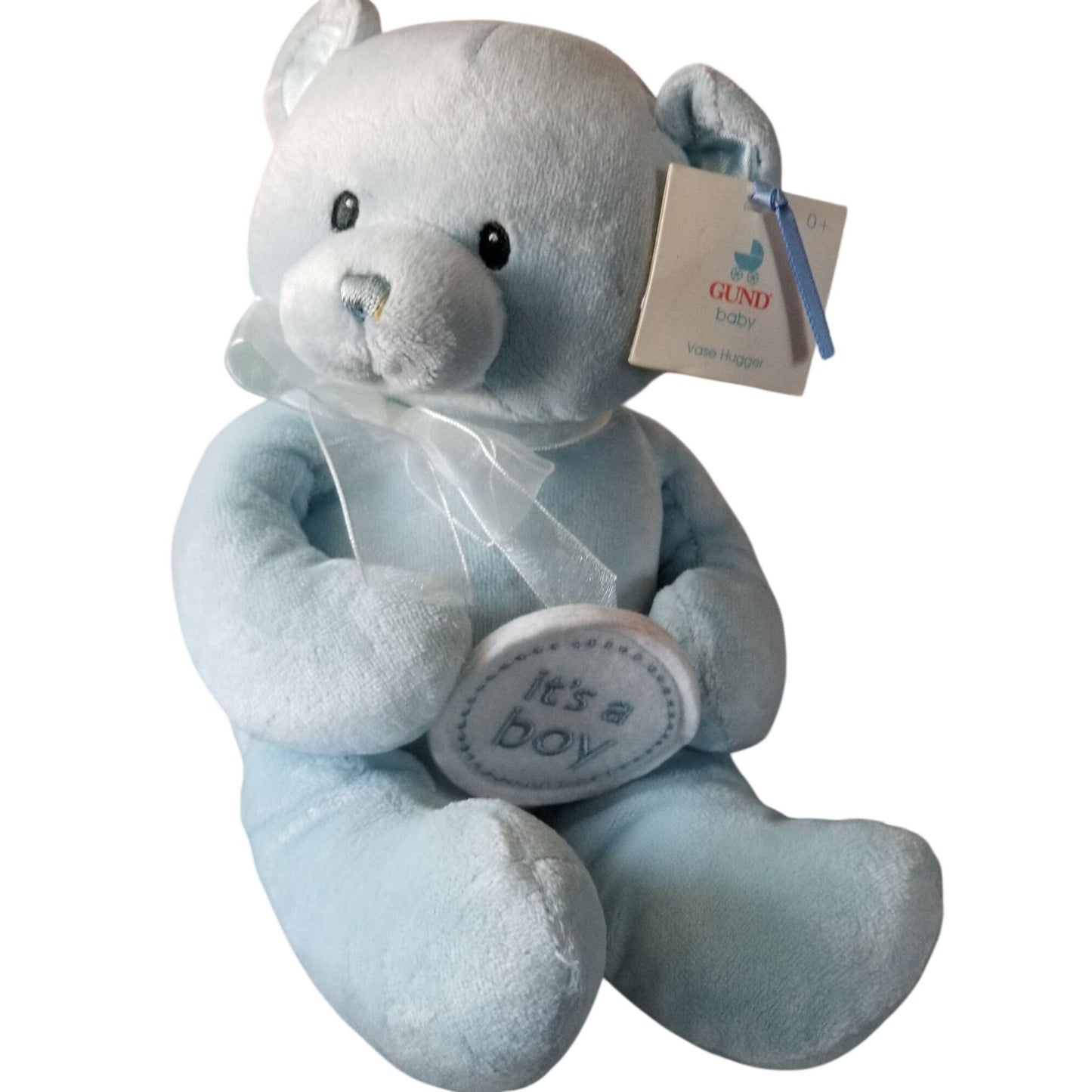 Teddy Bear Gund Baby Blue It's A Boy Soft safe Embroidered Eyes Nose Blue Bow  8" Sitting