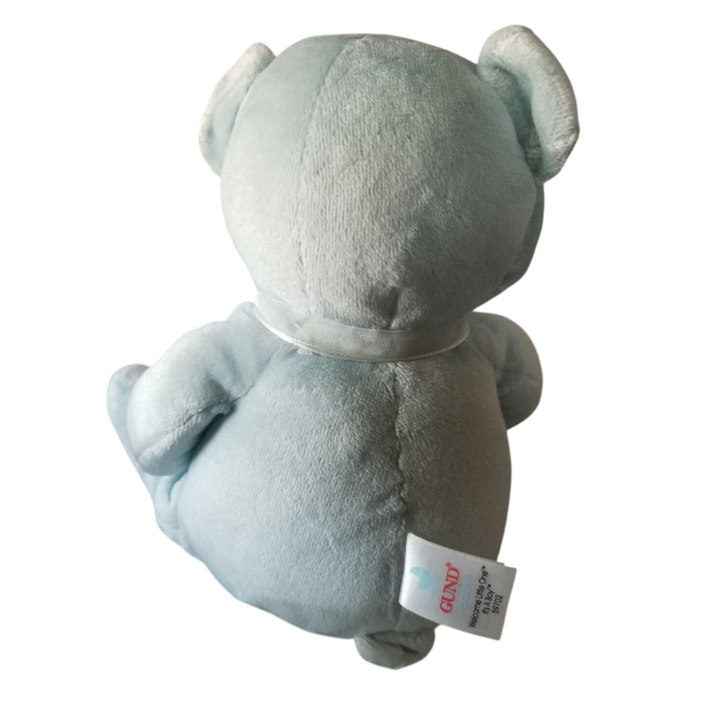 Teddy Bear Gund Baby Blue It's A Boy Soft safe Embroidered Eyes Nose Blue Bow  8" Sitting