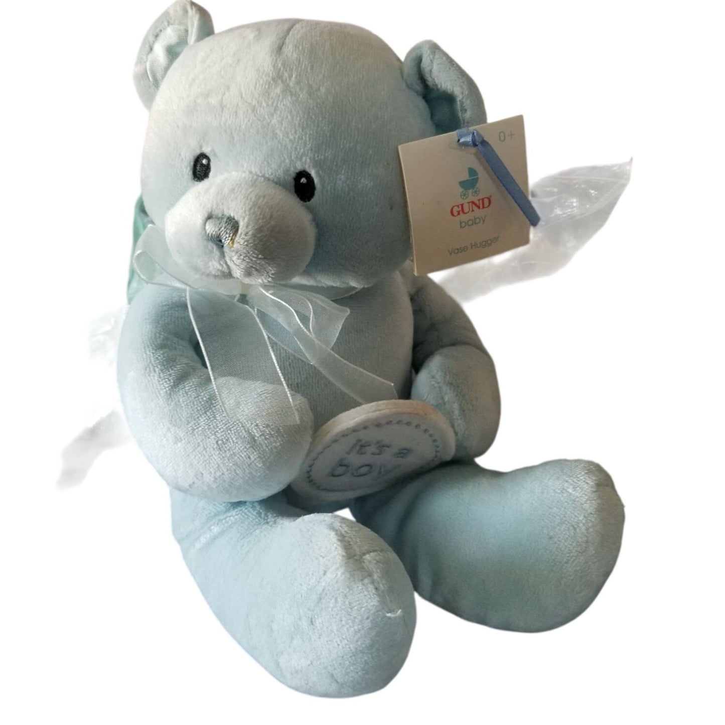 Teddy Bear Gund Baby Blue It's A Boy Soft safe Embroidered Eyes Nose Blue Bow  8" Sitting