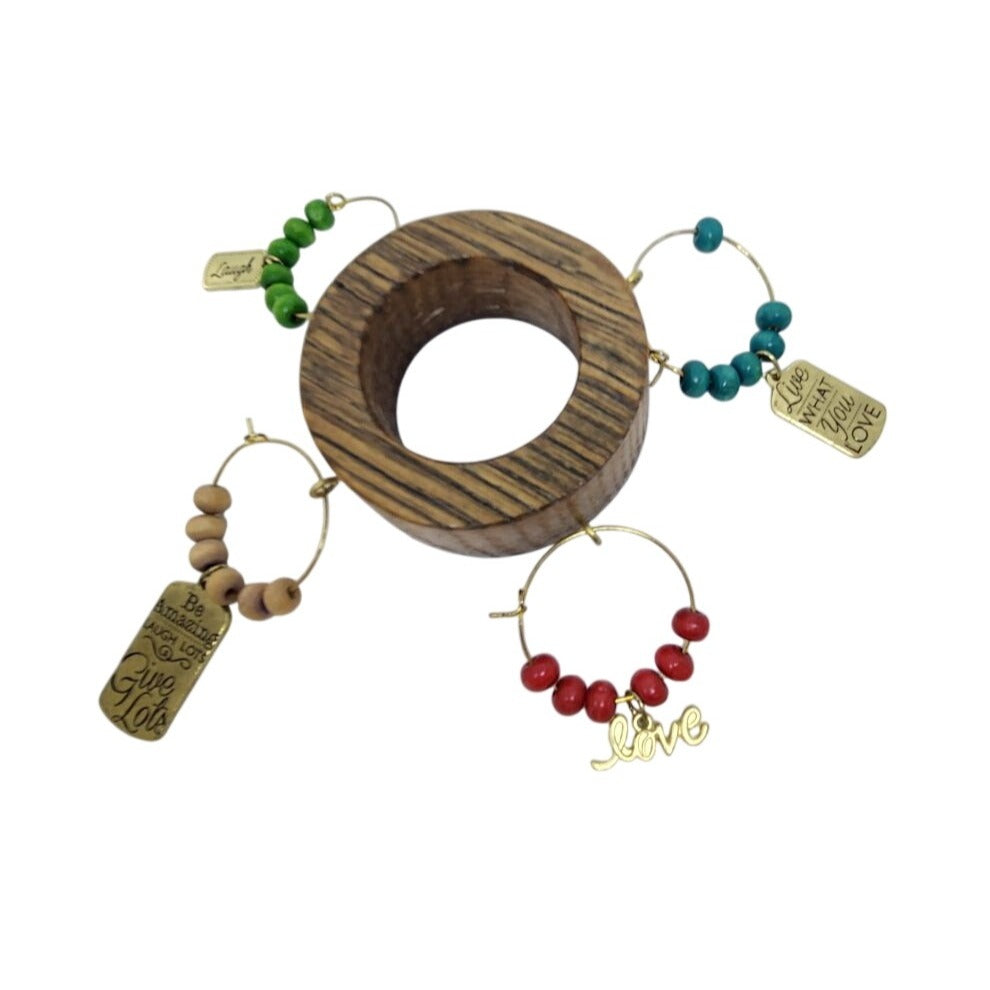 Rustic Wooden Wine Glass Charms Set Of 4 With Beaded Rings & Inspirational Tags