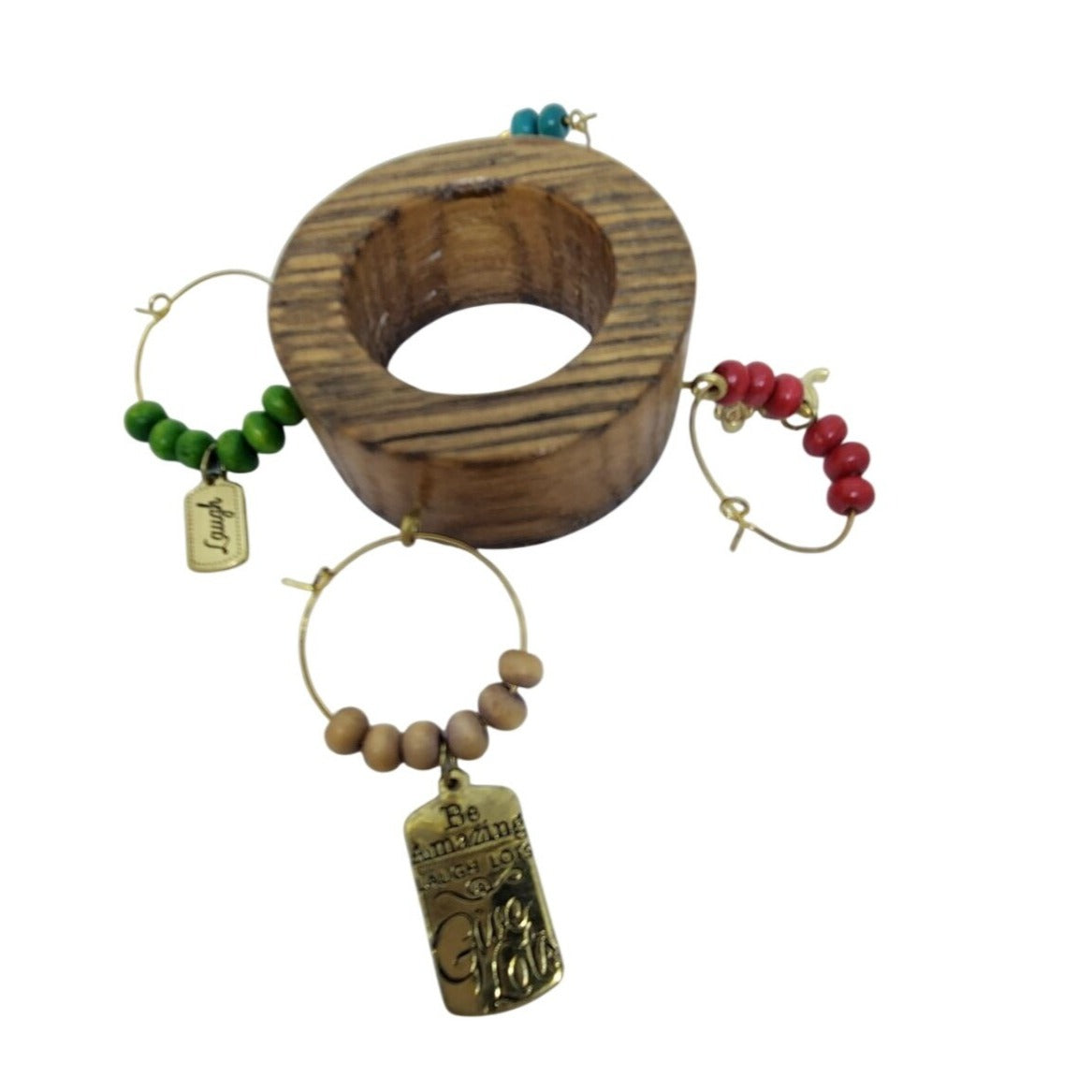 Rustic Wooden Wine Glass Charms Set Of 4 With Beaded Rings & Inspirational Tags