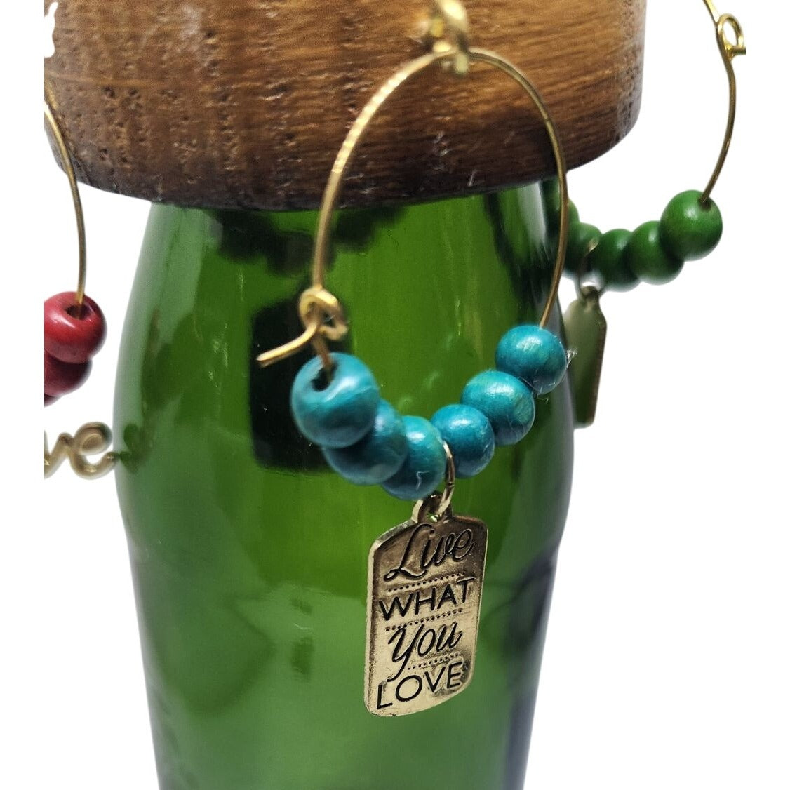 Rustic Wooden Wine Glass Charms Set Of 4 With Beaded Rings & Inspirational Tags