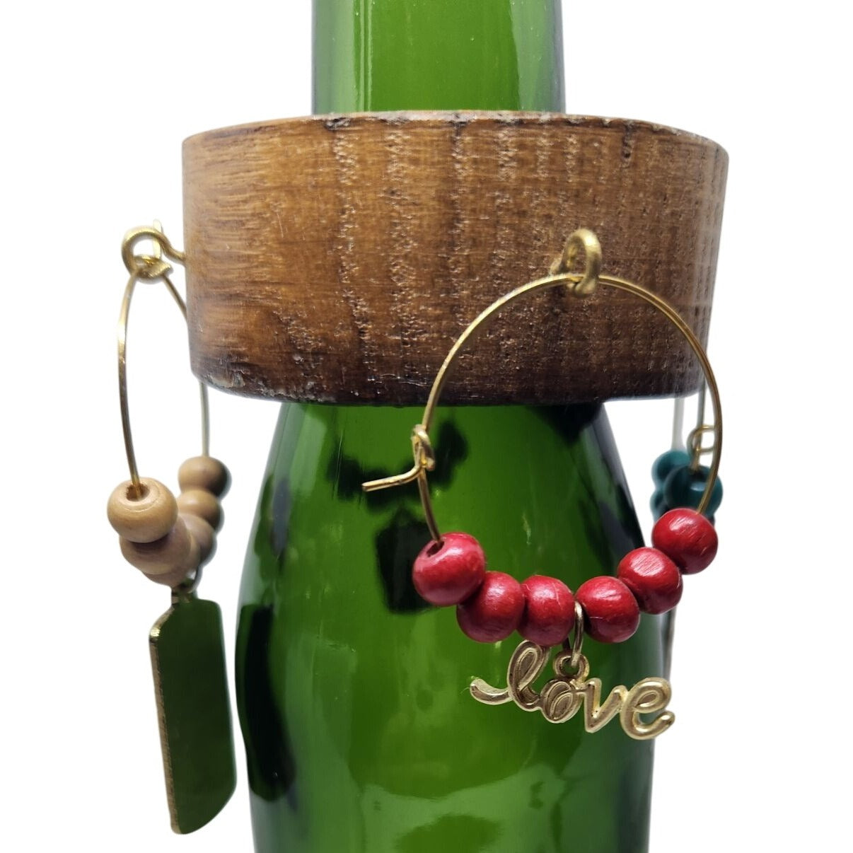 Rustic Wooden Wine Glass Charms Set Of 4 With Beaded Rings & Inspirational Tags