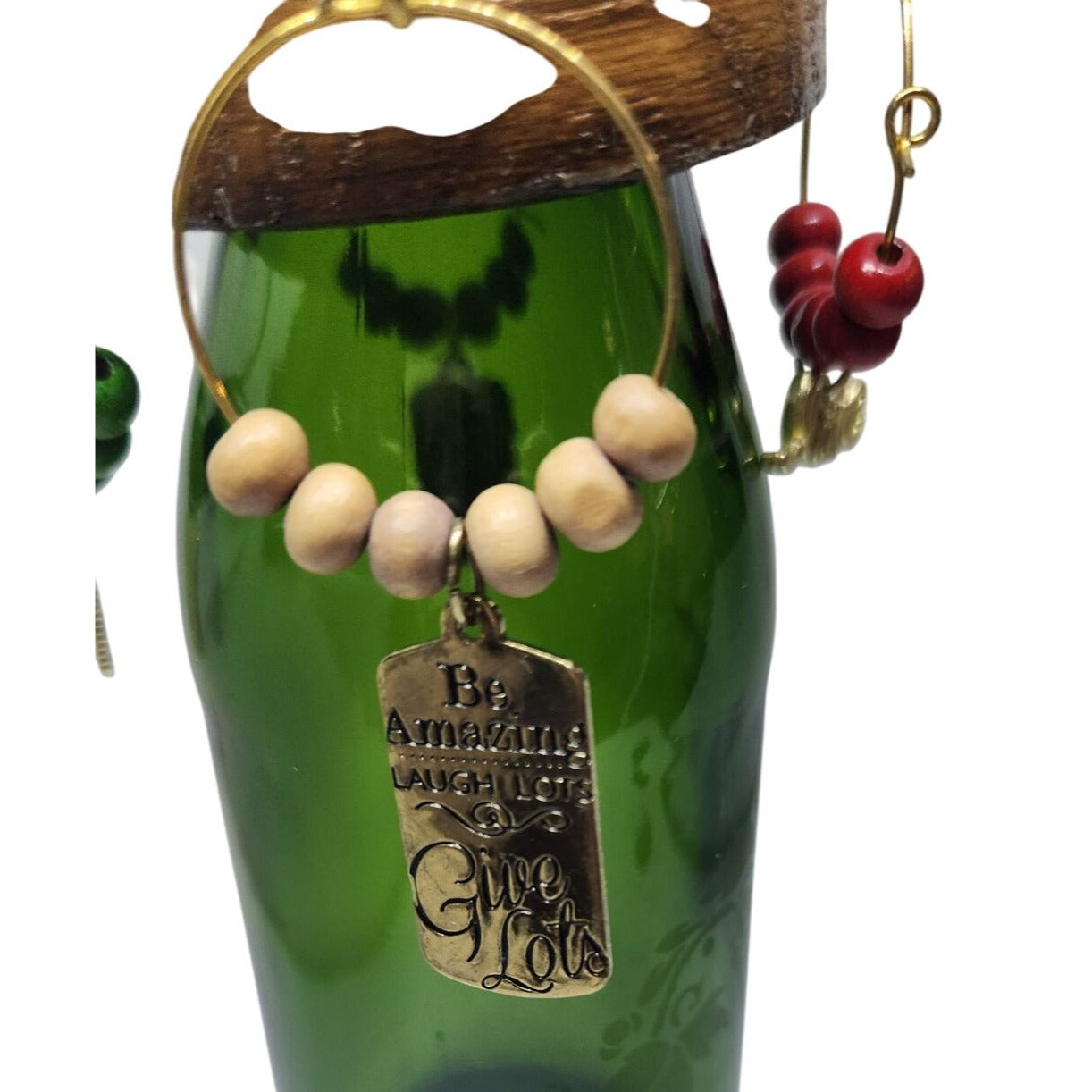 Rustic Wooden Wine Glass Charms Set Of 4 With Beaded Rings & Inspirational Tags