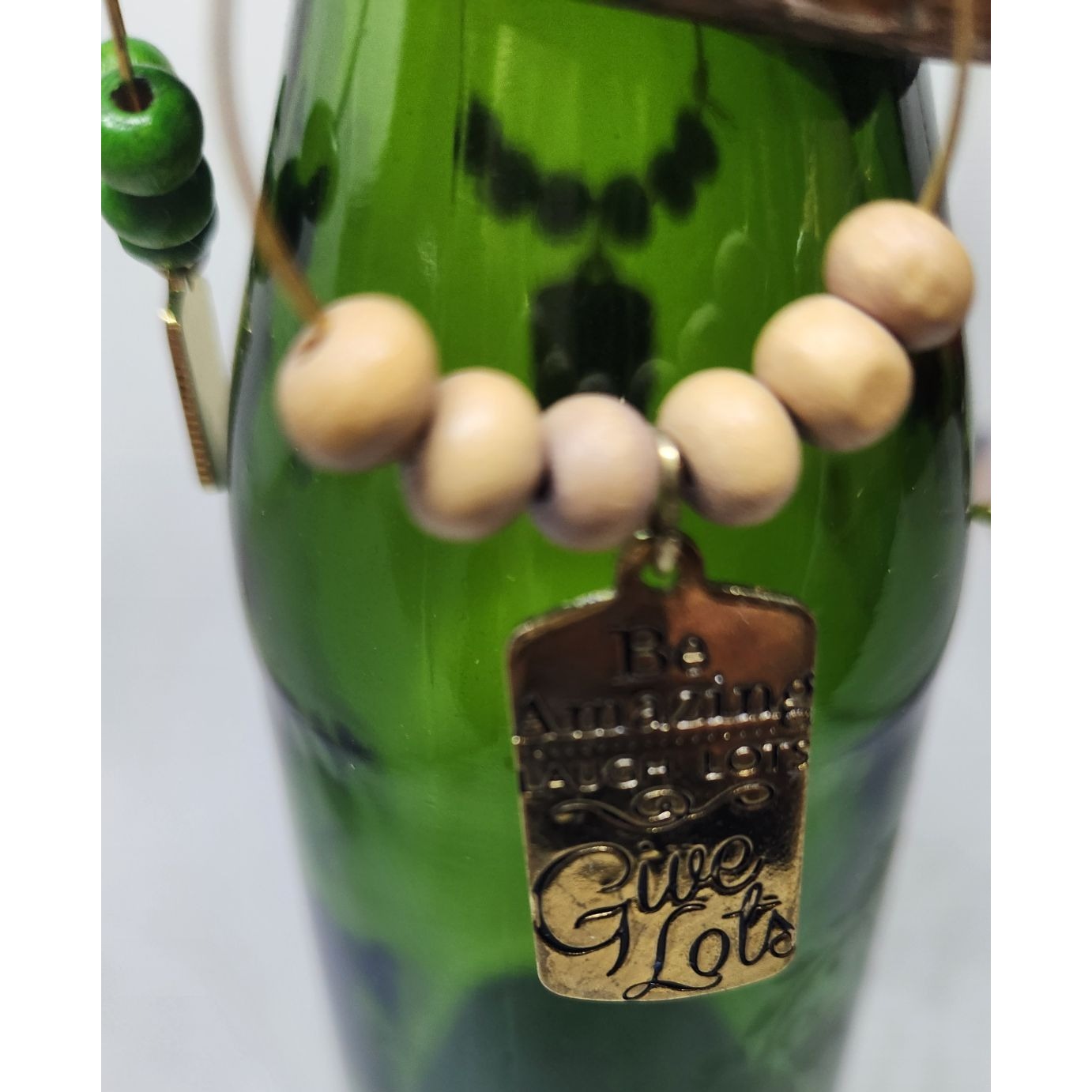 Rustic Wooden Wine Glass Charms Set Of 4 With Beaded Rings & Inspirational Tags