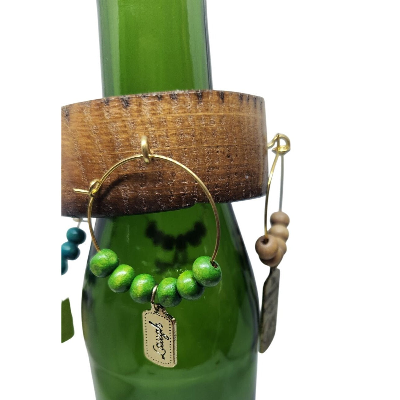 Rustic Wooden Wine Glass Charms Set Of 4 With Beaded Rings & Inspirational Tags