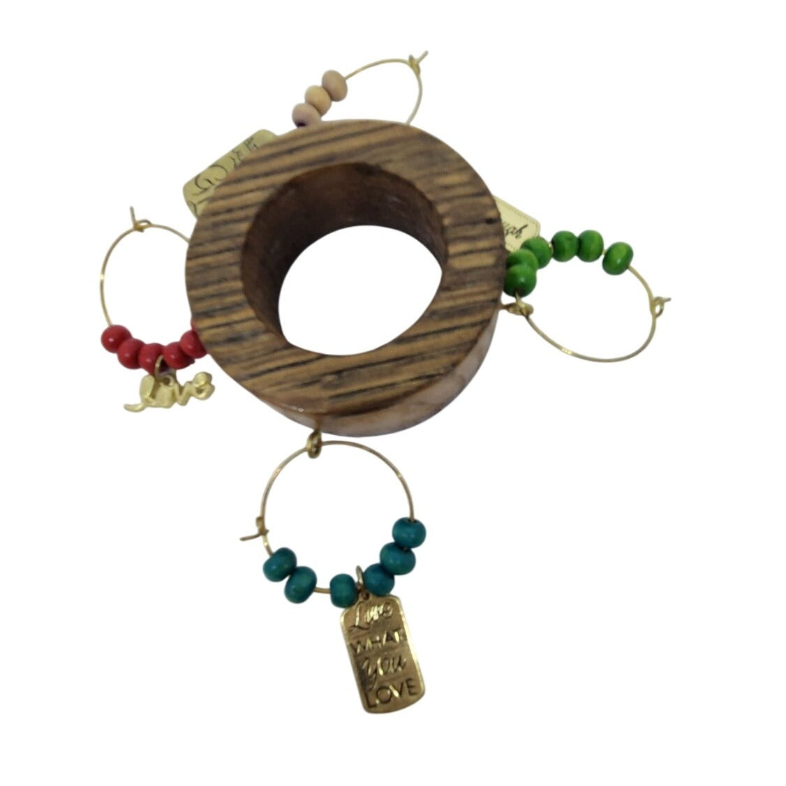 Rustic Wooden Wine Glass Charms Set Of 4 With Beaded Rings & Inspirational Tags
