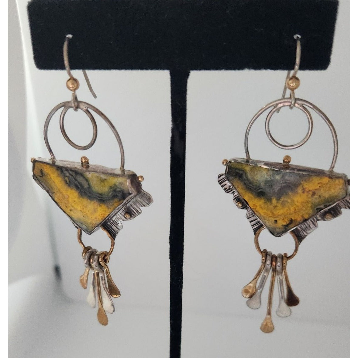 Earrings Bumble Bee Jasper Triangle Stone Circle Half Dome Gold Accent Jewelry