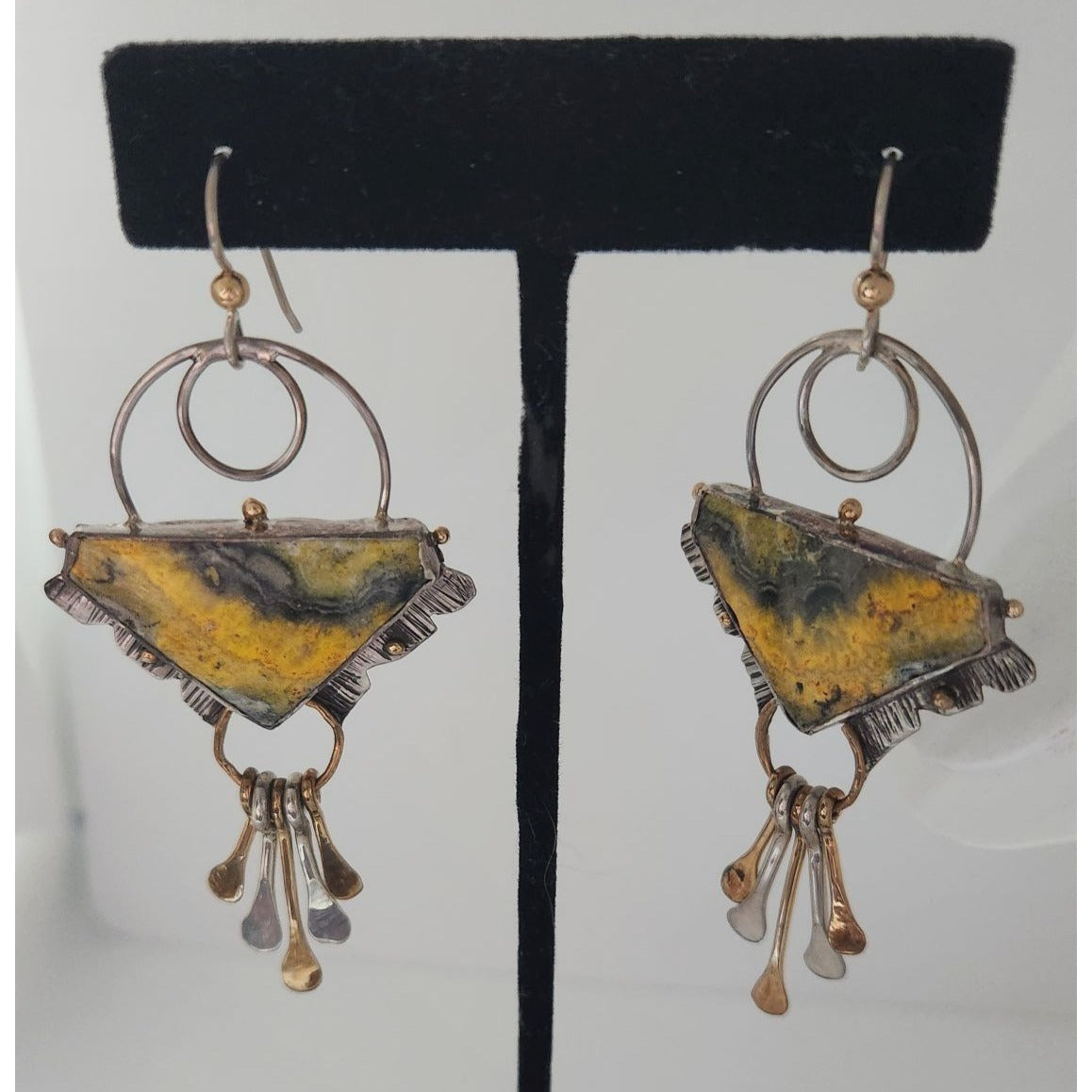 Earrings Bumble Bee Jasper Triangle Stone Circle Half Dome Gold Accent Jewelry