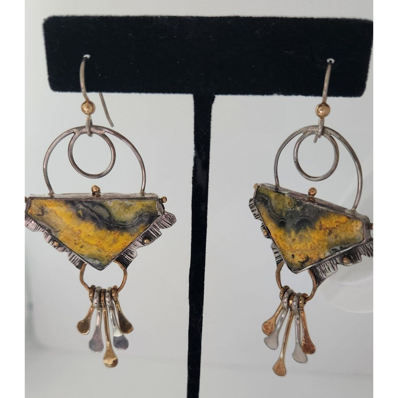 Earrings Bumble Bee Jasper Triangle Stone Circle Half Dome Gold Accent Jewelry