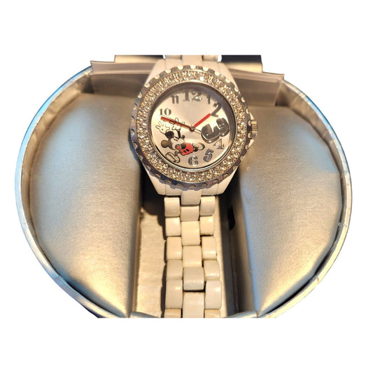 Watch Mickey Mouse  2002 White Painted Band scratched in a few places Mickey Running from the # 3