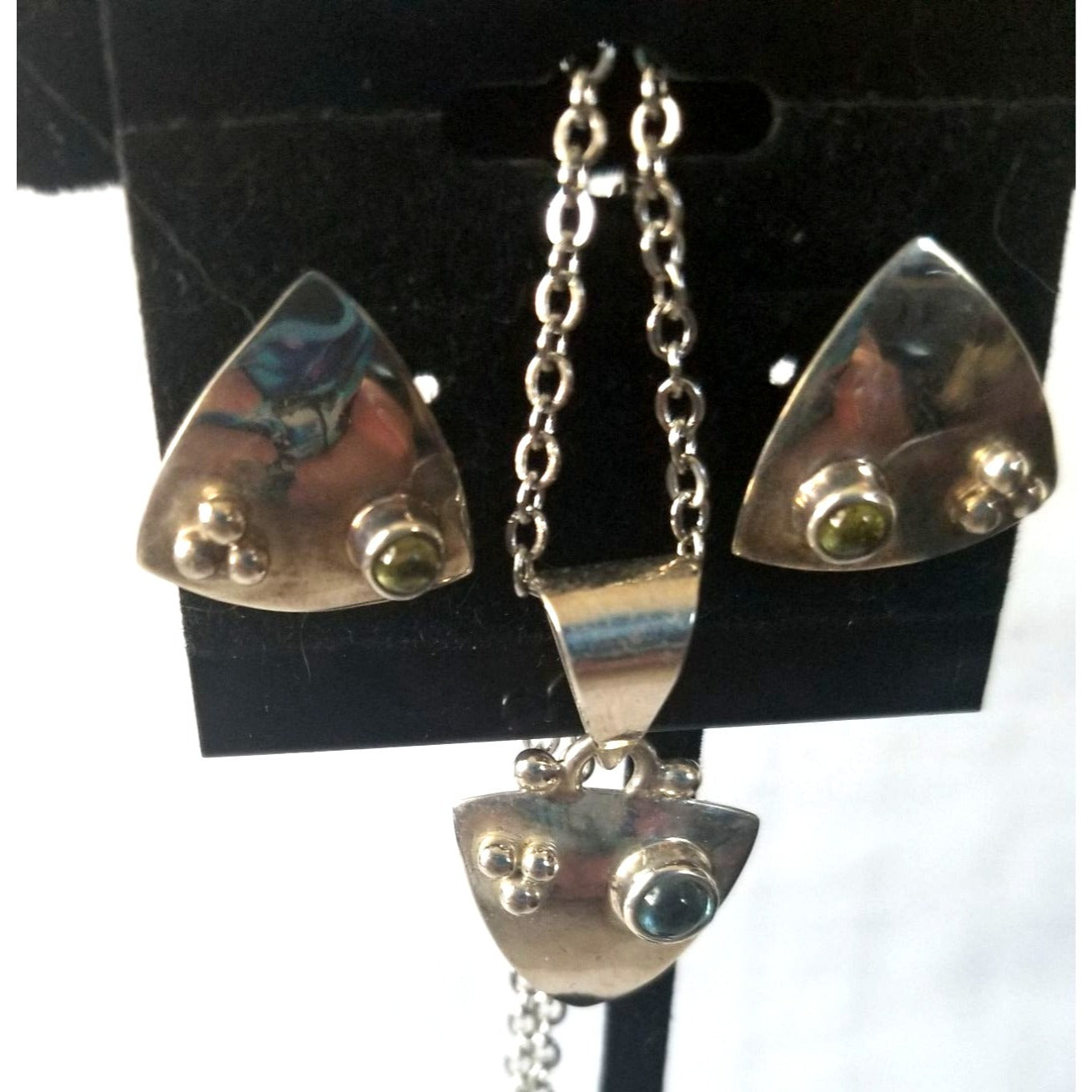 3 Pcs Topaz Earrings Necklace Silver  7.8 gr 37 ct  1.5 x 2 cm 2.5 cm  x 3 cm  16" chain