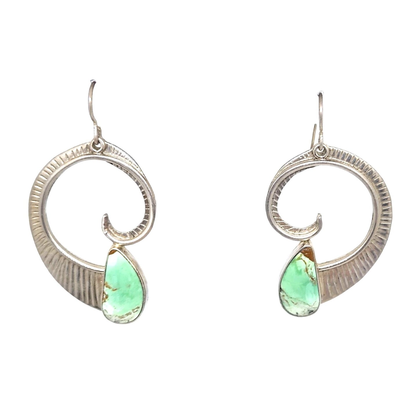 Earrings Variscite Spiral  Silver Hooks 15.3 Gr Tear Drop Green Frame 45mm x 35mm