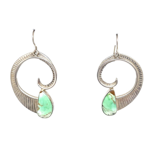 Earrings Variscite Spiral  Silver Hooks 15.3 Gr Tear Drop Green Frame 45mm x 35mm