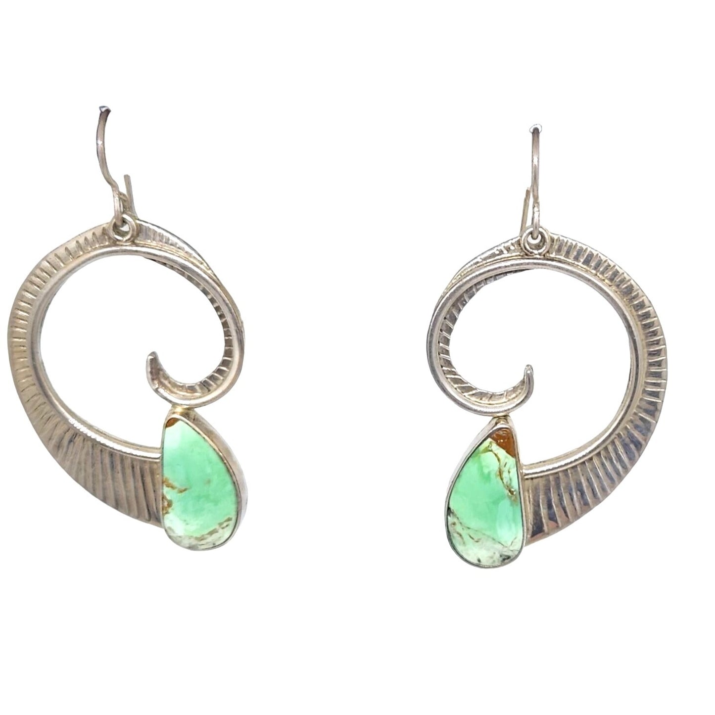 Earrings Variscite Spiral  Silver Hooks 15.3 Gr Tear Drop Green Frame 45mm x 35mm
