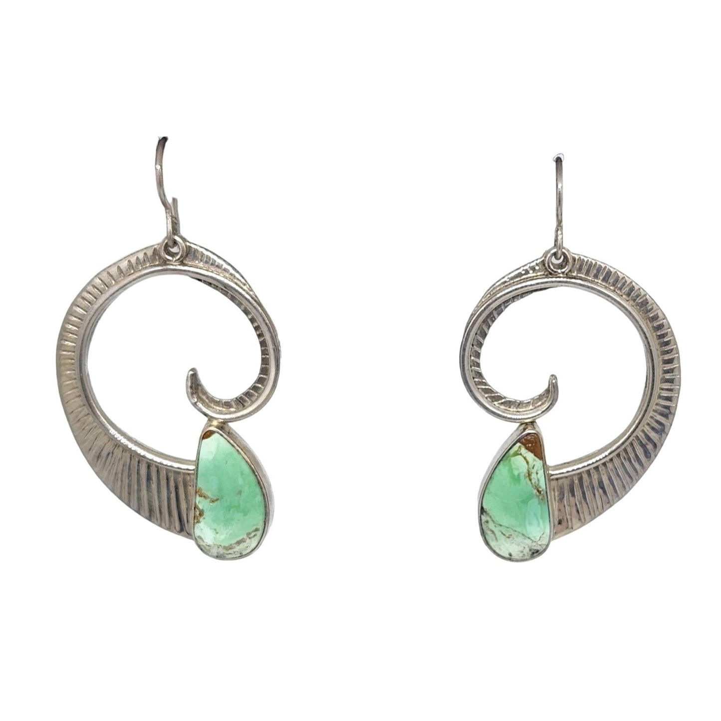 Earrings Variscite Spiral  Silver Hooks 15.3 Gr Tear Drop Green Frame 45mm x 35mm