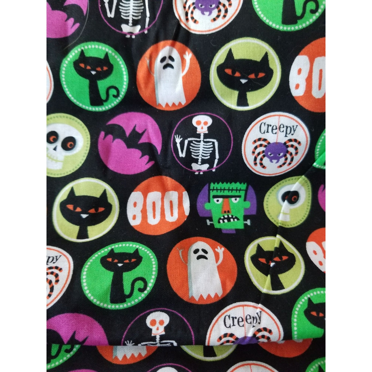 Material Black Halloween Circles Spider Bats Cats Skull Ghoast Boo Frankenstrin  44" x 36"    1 Yard  Cotton Craft Clothing Joann