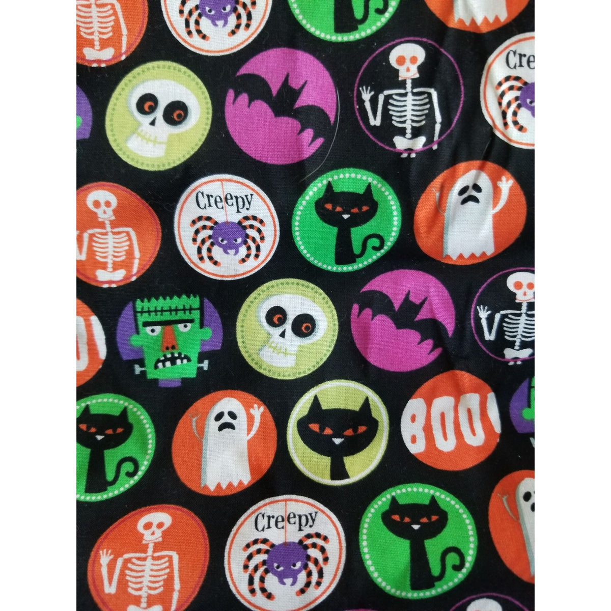 Material Black Halloween Circles Spider Bats Cats Skull Ghoast Boo Frankenstrin  44" x 36"    1 Yard  Cotton Craft Clothing Joann