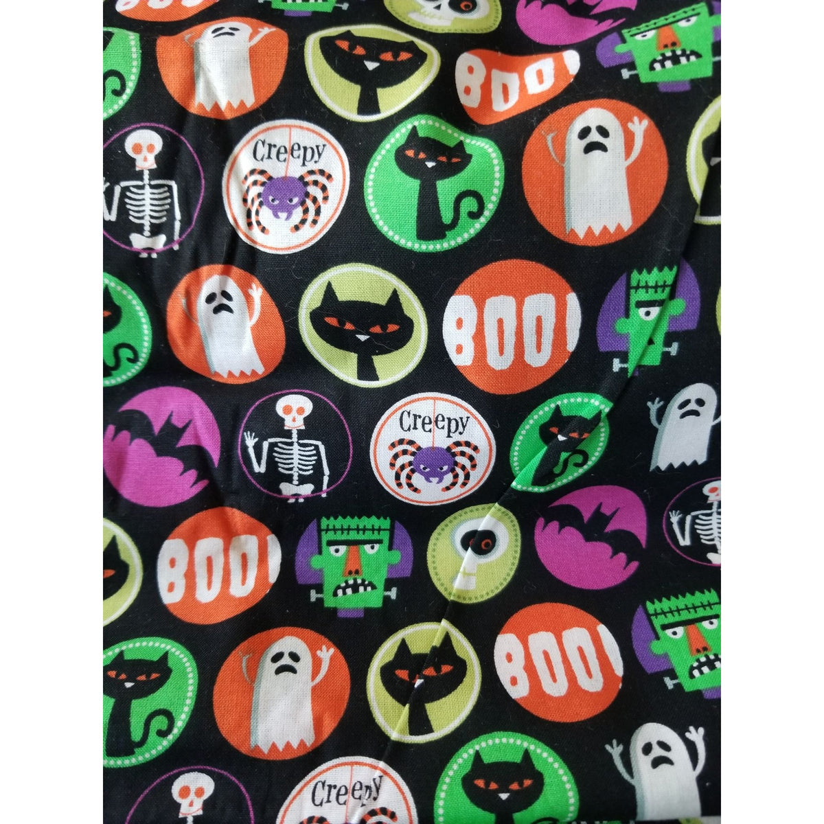 Material Black Halloween Circles Spider Bats Cats Skull Ghoast Boo Frankenstrin  44" x 36"    1 Yard  Cotton Craft Clothing Joann