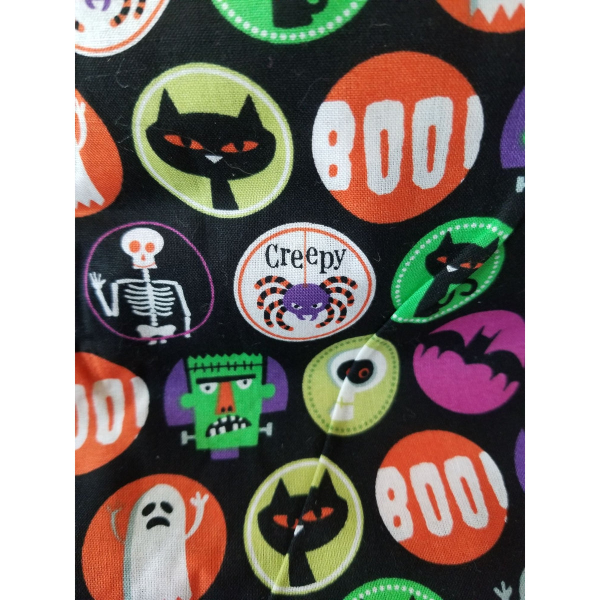 Material Black Halloween Circles Spider Bats Cats Skull Ghoast Boo Frankenstrin  44" x 36"    1 Yard  Cotton Craft Clothing Joann
