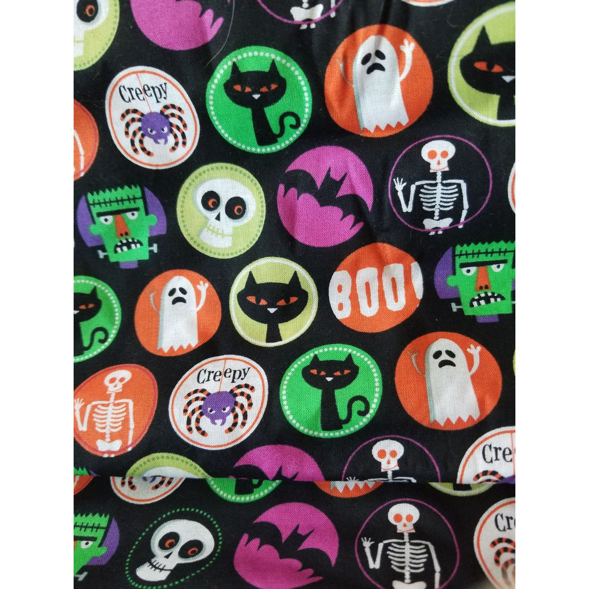 Material Black Halloween Circles Spider Bats Cats Skull Ghoast Boo Frankenstrin  44" x 36"    1 Yard  Cotton Craft Clothing Joann