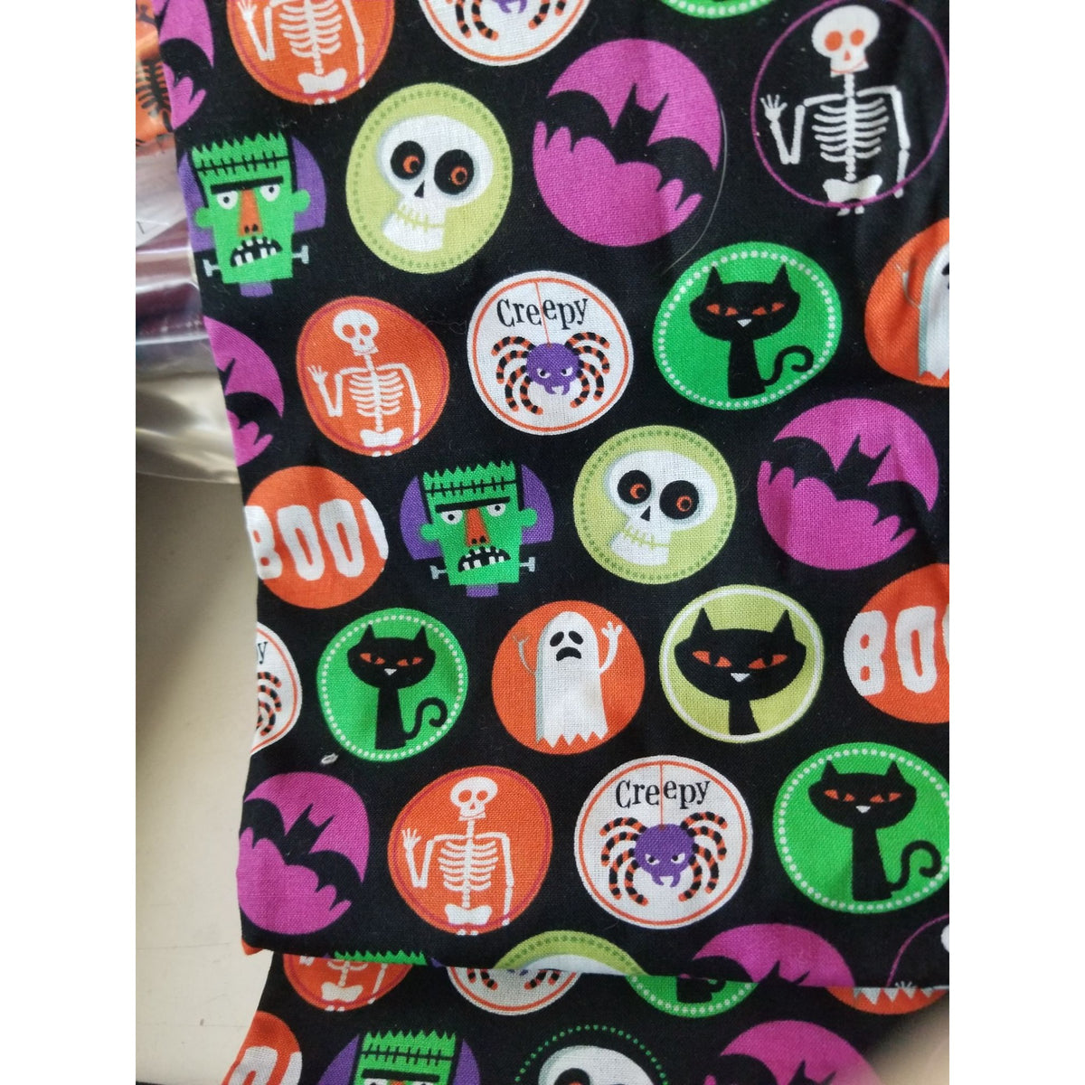 Material Black Halloween Circles Spider Bats Cats Skull Ghoast Boo Frankenstrin  44" x 36"    1 Yard  Cotton Craft Clothing Joann