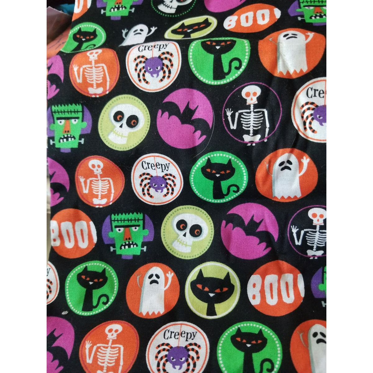 Material Black Halloween Circles Spider Bats Cats Skull Ghoast Boo Frankenstrin  44" x 36"    1 Yard  Cotton Craft Clothing Joann