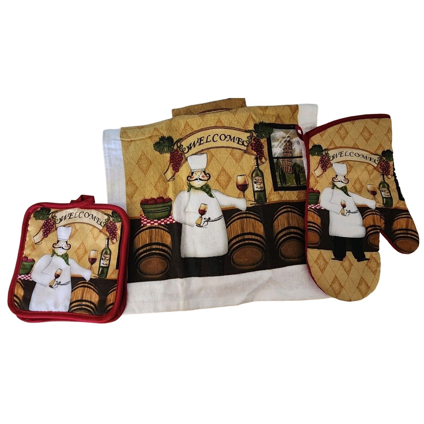 Kitchen Towel 5 Piece Set Welcome Chef   2 Towels  2 Pot Holders, 1 Oven Mitt 100% Cotton