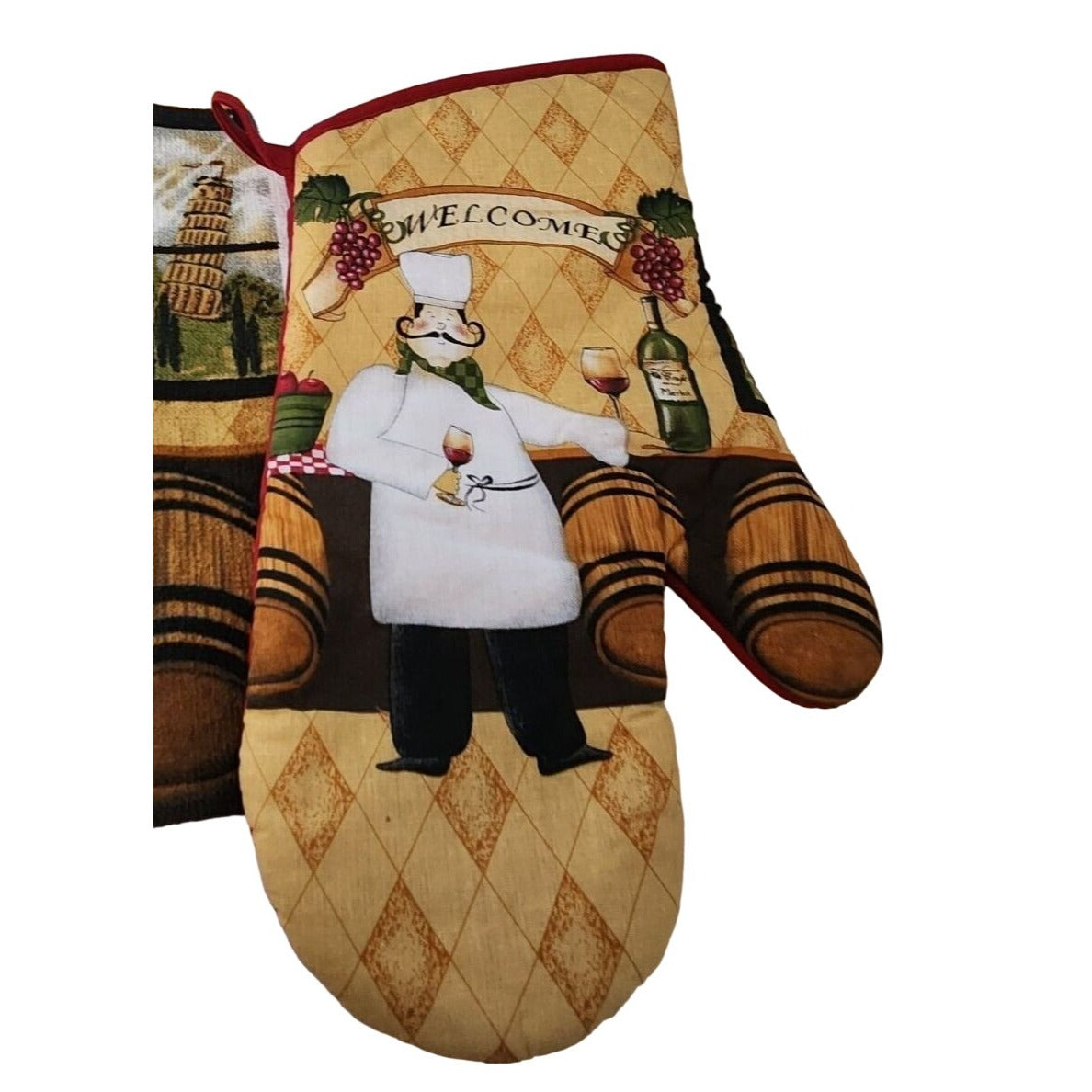 Kitchen Towel 5 Piece Set Welcome Chef   2 Towels  2 Pot Holders, 1 Oven Mitt 100% Cotton