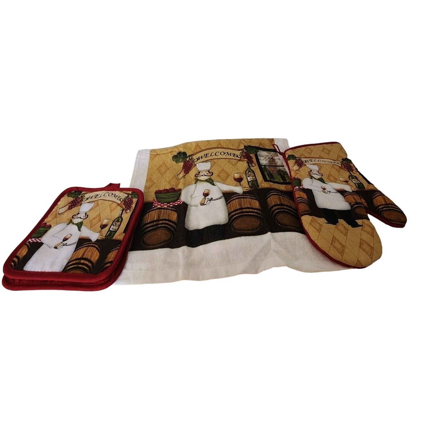 Kitchen Towel 5 Piece Set Welcome Chef   2 Towels  2 Pot Holders, 1 Oven Mitt 100% Cotton