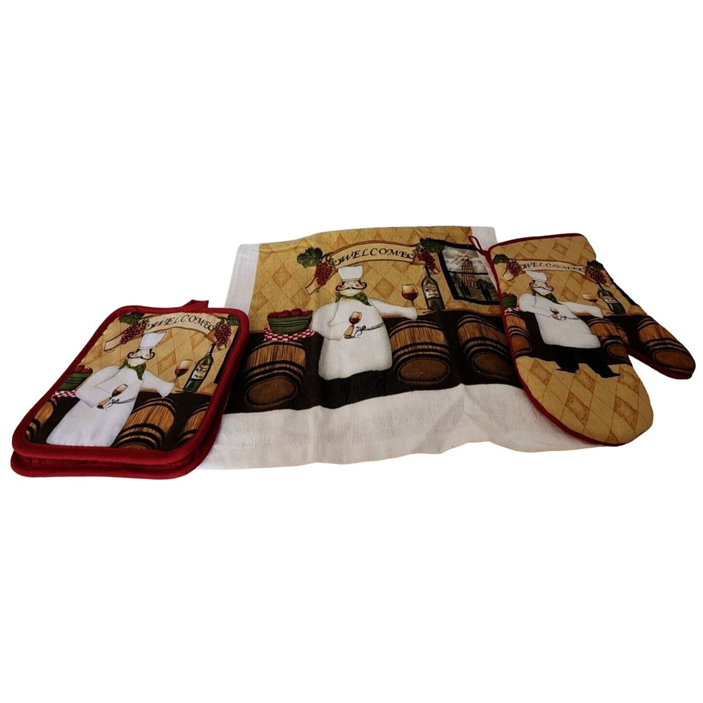 Kitchen Towel 5 Piece Set Welcome Chef   2 Towels  2 Pot Holders, 1 Oven Mitt 100% Cotton