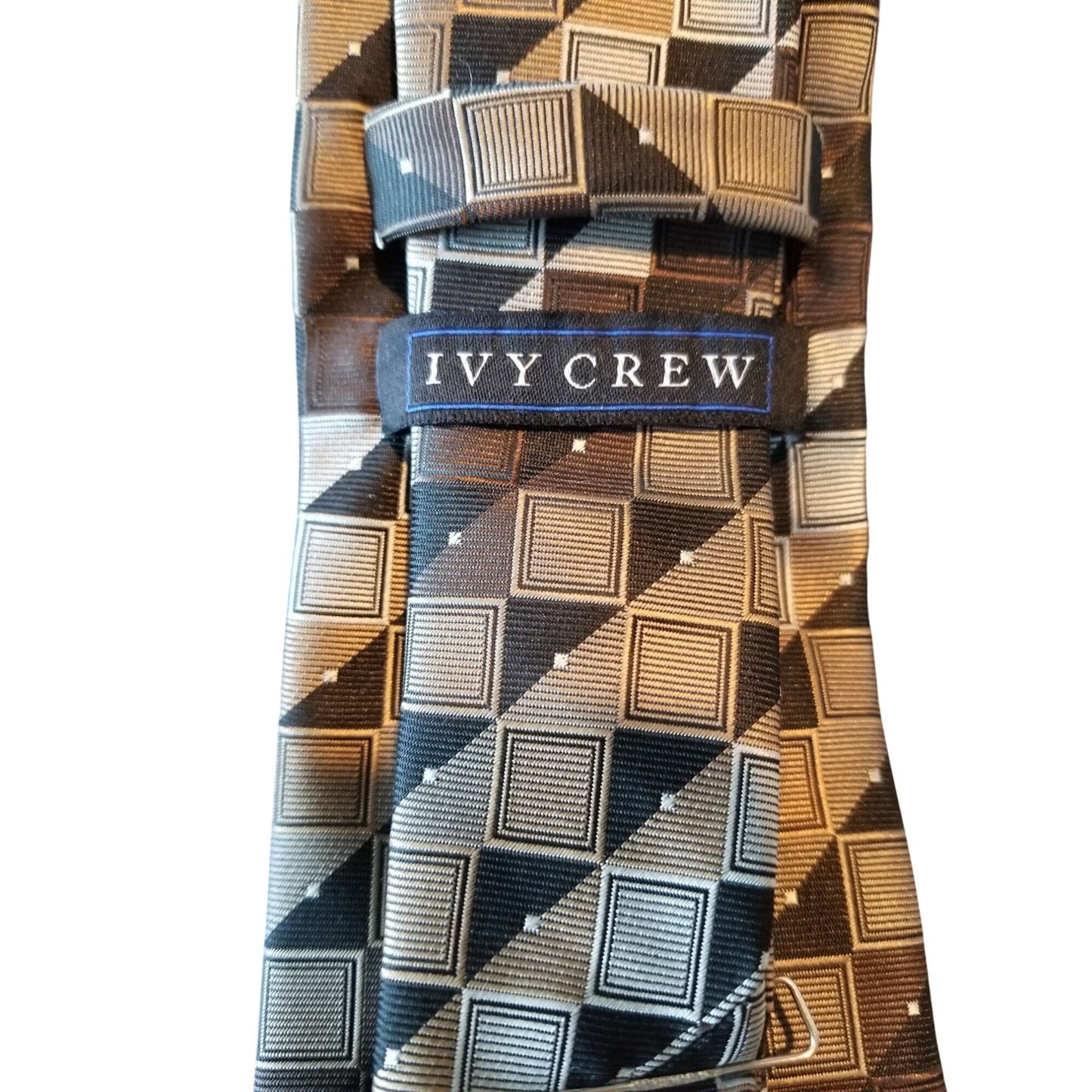 Tie Ivy Crew  # 115 Brown Silver Black Squares  3" x 60" Polyester
