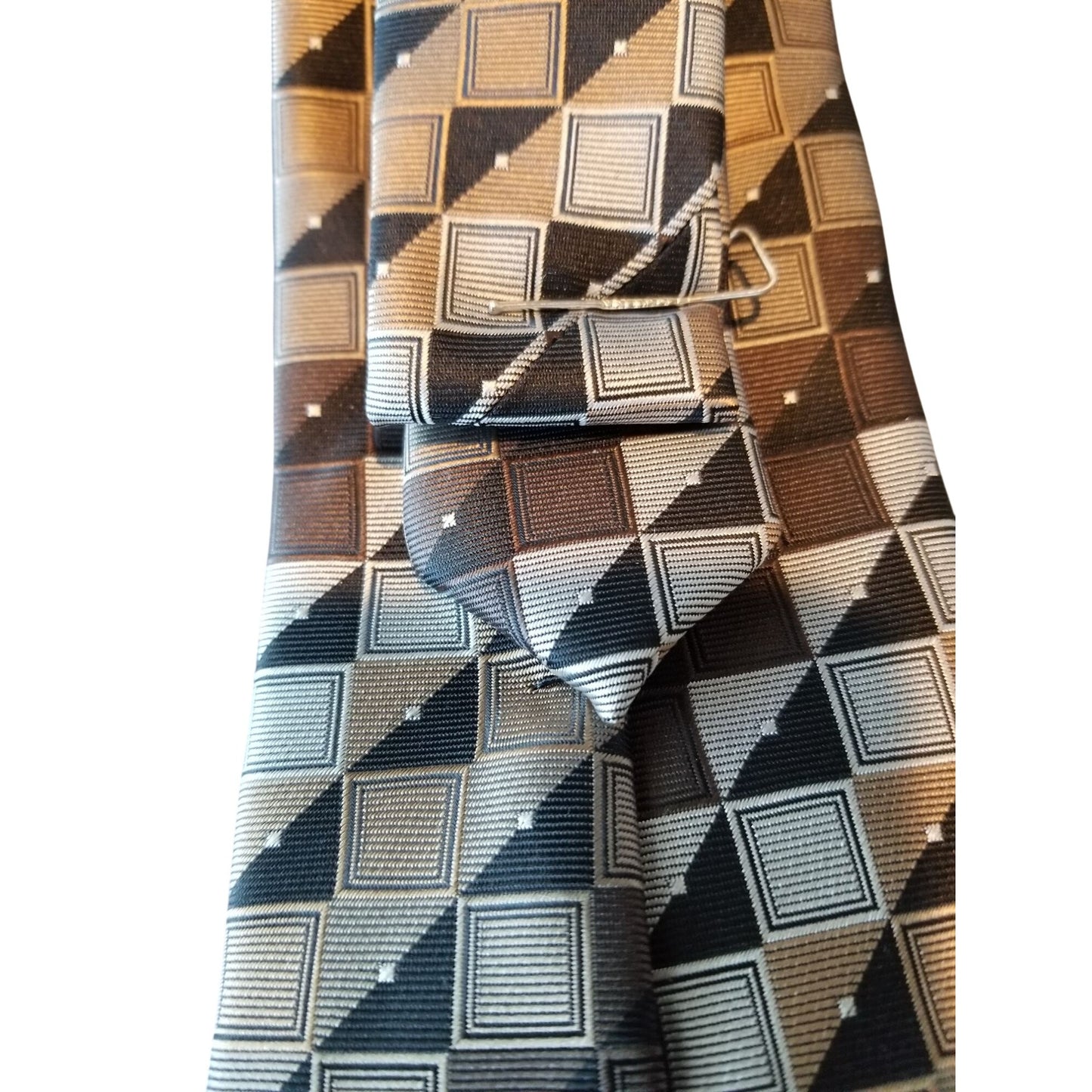 Tie Ivy Crew  # 115 Brown Silver Black Squares  3" x 60" Polyester