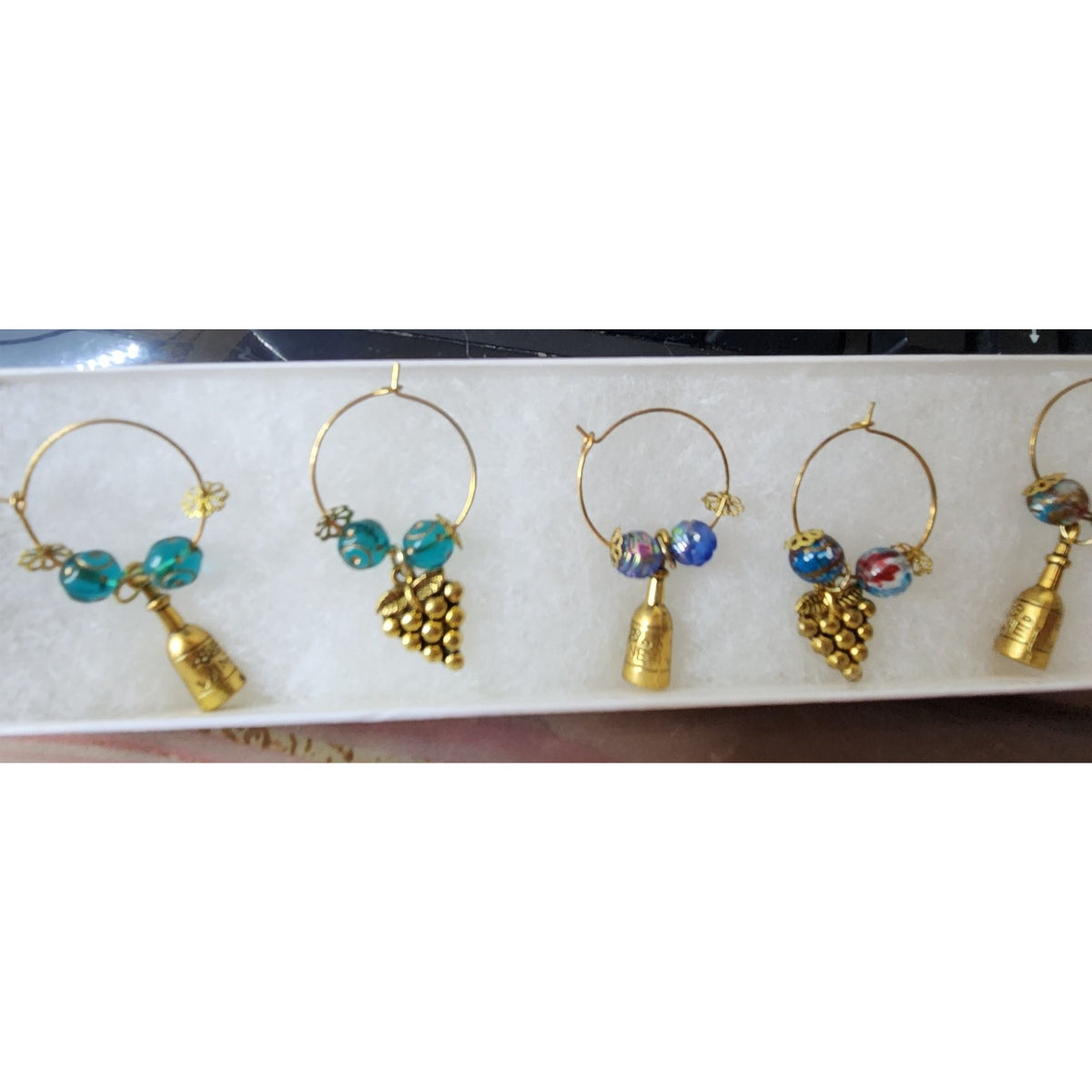 Wine Glass Charm Set  5 Gold Color Metal Charm Multi Color Glass Bead