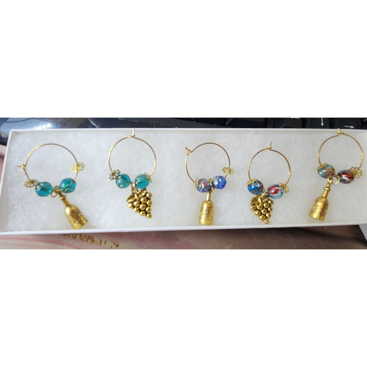 Wine Glass Charm Set  5 Gold Color Metal Charm Multi Color Glass Bead