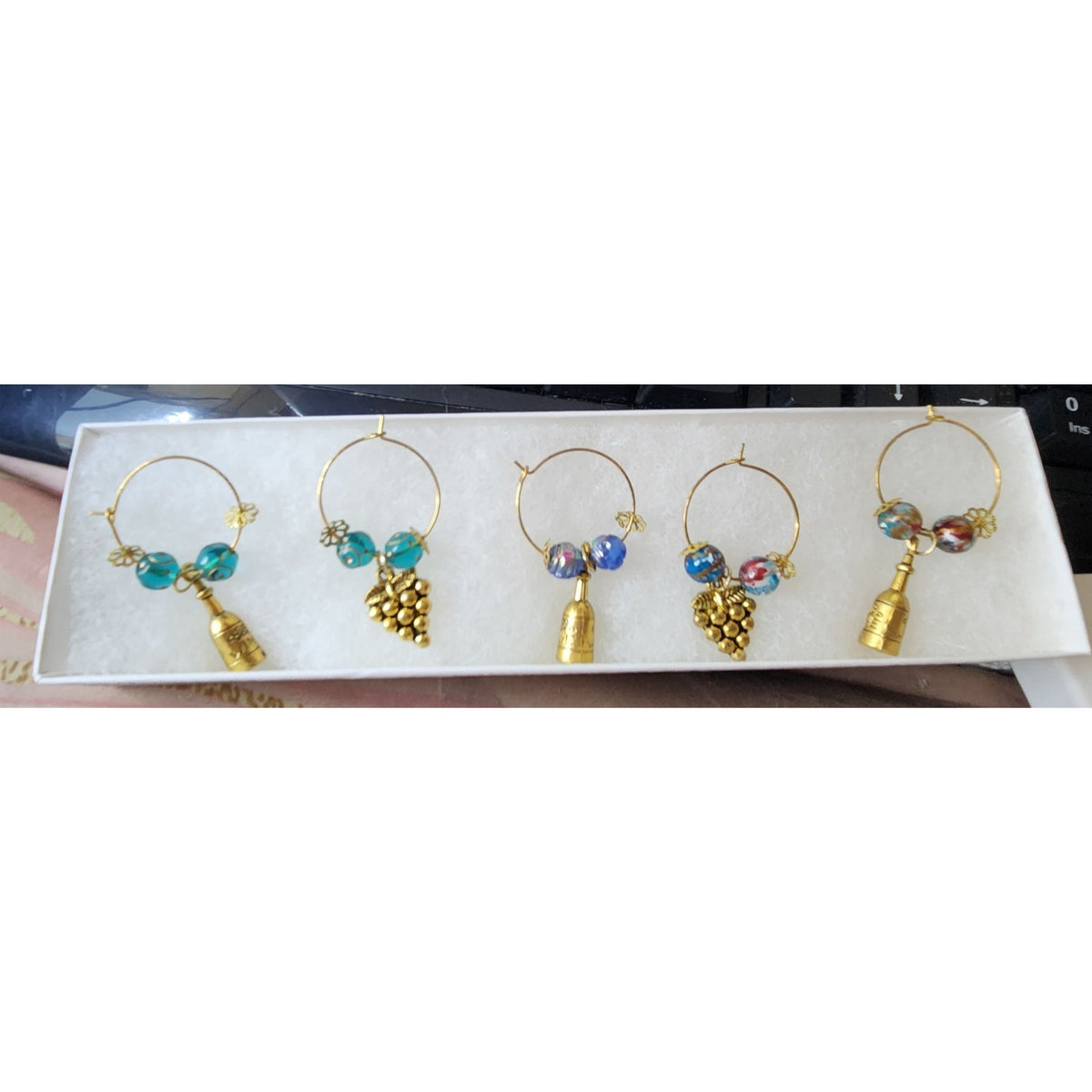 Wine Glass Charm Set  5 Gold Color Metal Charm Multi Color Glass Bead
