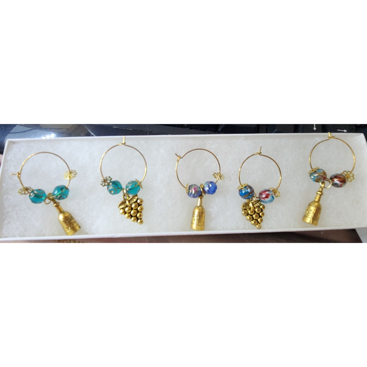 Wine Glass Charm Set  5 Gold Color Metal Charm Multi Color Glass Bead