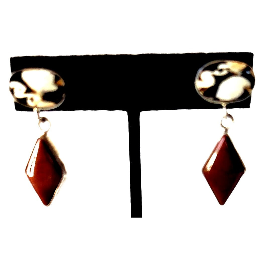 Earrings Peanut Wood & Jasper 925 Silver Post  9 Gr 40mm x 15mm Jerry Harr 2 Stones