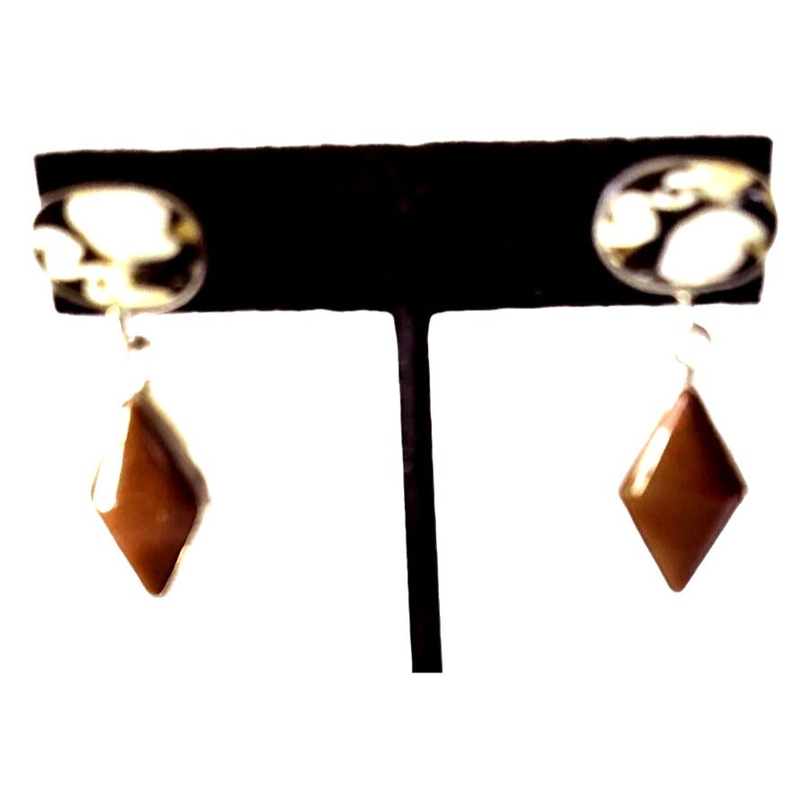Earrings Peanut Wood & Jasper 925 Silver Post  9 Gr 40mm x 15mm Jerry Harr 2 Stones