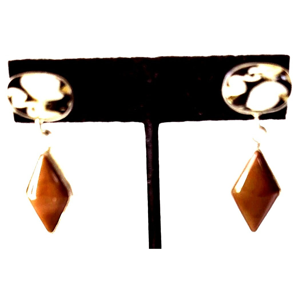 Earrings Peanut Wood & Jasper 925 Silver Post  9 Gr 40mm x 15mm Jerry Harr 2 Stones